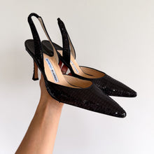 Load image into Gallery viewer, Manolo Blahnik Carolyne Sequin Pointed Toe Slingback Pumps Black 9.5