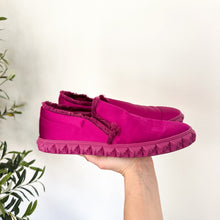 Load image into Gallery viewer, Stuart Weitzman Fringiebell Round Toe Frayed Edge Slip On Loafers in Grape 8