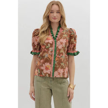Load image into Gallery viewer, Entro Floral Ruffle Neck Puff Sleeve Blouse Brown Green Multi S