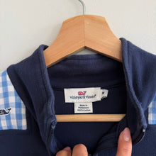 Load image into Gallery viewer, Vineyard Vines Shep Shirt Gingham Whale Shoulder 1/4 Zip Sweatshirt Blue M