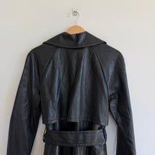 Load image into Gallery viewer, Express Faux Leather Belted Mid Length Trench Coat Black M NWT