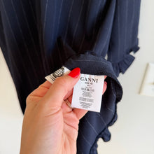 Load image into Gallery viewer, GANNI Clark Bateau Neckline Striped Ruffle Trim Long Sleeve Dress Navy White 42