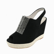 Load image into Gallery viewer, Gina Suede Crystal Embellished Platform Wedge Sandals Black 39