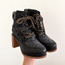 Load image into Gallery viewer, NEW SOREL Blake Lace Up Block Heel Leather Ankle Bootie Black/Brown 5