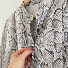 Load image into Gallery viewer, Elie Tahari Silk Terri Snake Print Pleated Button Up Shirt Gray M
