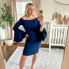 Load image into Gallery viewer, Bardot Solange Off Shoulder Fluted Bell Sleeve Dress Navy Blue