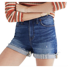 Load image into Gallery viewer, Madewell High Rise Denim Cuffed Stretch Jean Shorts in Blue 25
