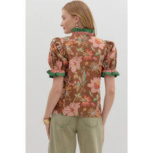 Load image into Gallery viewer, Entro Floral Ruffle Neck Puff Sleeve Blouse Brown Green Multi S