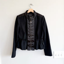 Load image into Gallery viewer, BCBGMaxazria Satin Detail Zip Up Ruffle Hem Peplum Military Jacket Black M
