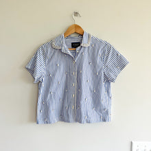 Load image into Gallery viewer, J. Crew Pearl Embellished Short Sleeve Striped Cropped Blouse Blue White 0