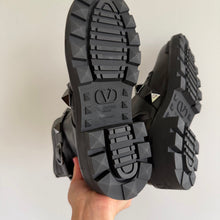 Load image into Gallery viewer, Valentino Garavani Rockstud Buckle Leather Slip-On Zipper Combat Boots Black NEW