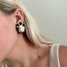 Load image into Gallery viewer, Vintage Faux Pearl Cluster Black Beaded Rhinestone Clip-On Earrings