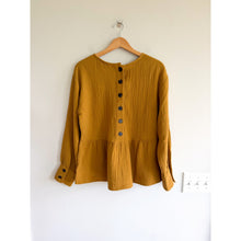 Load image into Gallery viewer, Madewell Lightspun Button-Back Long Sleeve Peplum Blouse Compass Gold M