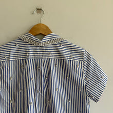 Load image into Gallery viewer, J. Crew Pearl Embellished Short Sleeve Striped Cropped Blouse Blue White 0