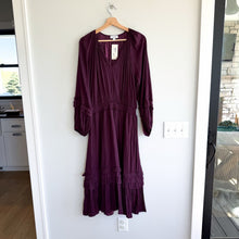 Load image into Gallery viewer, Evereve Layla Satin Pleated Ruffles Long Sleeve V-Neck Midi Dress Plum L NWT