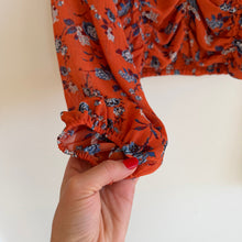 Load image into Gallery viewer, Free People Final Rose Print V-Neck Ruched Smocked Cropped Blouse Orange XS