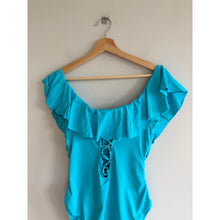 Load image into Gallery viewer, La Blanca Off Shoulder Ruffles Trim One Piece Swimwear Blue 12 NWT