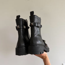 Load image into Gallery viewer, Valentino Garavani Rockstud Buckle Leather Slip-On Zipper Combat Boots Black NEW
