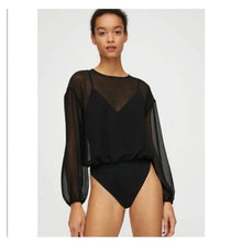 Load image into Gallery viewer, Wilfred Talmont Sheer Long Sleeve Chiffon Thong-Cut Bodysuit Black XS