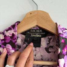 Load image into Gallery viewer, ESCADA Neiman Marcus Silk Floral Print Button Down Shoulder Pad Shirt Purple 34