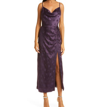 Load image into Gallery viewer, Milly Lilliana Silk Blend Jacquard Sleeveless Ruched Slit Midi Dress Purple 8