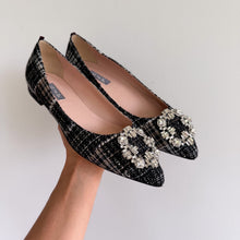 Load image into Gallery viewer, SJP Sarah Jessica Parker Tweed Jewel Buckle Flats Black White 39.5