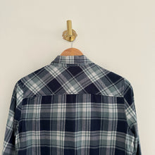Load image into Gallery viewer, Paige Truddy Trellis Plaid Brushed Button Down Flannel Shirt Blue/Teal S