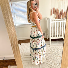 Load image into Gallery viewer, Verandah Chhatri Print Tiered Sleeveless Plunge Neck Maxi Dress White XS