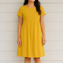 Load image into Gallery viewer, Terzo Millennio Linen Embroidered Short Sleeve Shift Mini Dress Yellow S