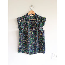 Load image into Gallery viewer, Tory Burch Floral Pattern Cap Sleeve Crew Neck Blouse Blue 2