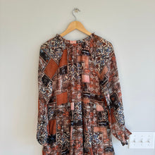 Load image into Gallery viewer, Hayden Paisley Patch Print Ruffle Neck Chiffon Tiered Mini Dress Brown S