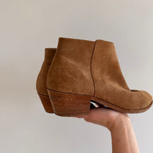 Load image into Gallery viewer, Thursday Suede Handcrafted Side Zip Heeled Ankle Bootie Brown 9.5