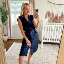 Load image into Gallery viewer, Classiques Entier Linen Blend Sleeveless Wrap Belted Dress Navy 10