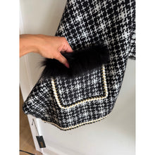 Load image into Gallery viewer, Mitchie's Tweed Knitted Gold Detail Pockets Fox Trim Wrap Black White OS NWT