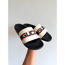 Load image into Gallery viewer, Gucci Stripe Designer Slip On Rubber Slide Sandals + Dustbags Ecru 6.5