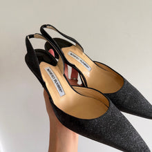 Load image into Gallery viewer, Manolo Blahnik Carolyne Glitter Pointed Toe Slingback Heels Black 8.5