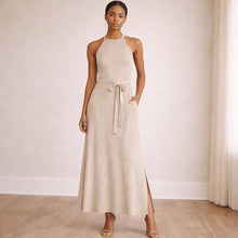 Load image into Gallery viewer, Anthropologie Amadi Sleeveless Knit Midi Belted Halter Sweater Dress Beige XS