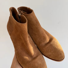 Load image into Gallery viewer, Thursday Suede Handcrafted Side Zip Heeled Ankle Bootie Brown 9.5