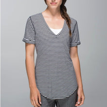 Load image into Gallery viewer, Lululemon Love Tee V-Neck Short Sleeve Top Modern Stripe Heathered Black White 6