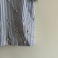 Load image into Gallery viewer, J. Crew Pearl Embellished Short Sleeve Striped Cropped Blouse Blue White 0