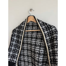 Load image into Gallery viewer, Mitchie's Tweed Knitted Gold Detail Pockets Fox Trim Wrap Black White OS NWT