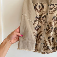 Load image into Gallery viewer, Mystree Aztec Print Button Down Long Sleeve Shacket Tan Brown S