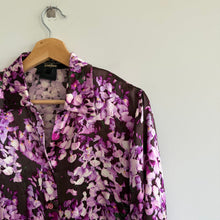 Load image into Gallery viewer, ESCADA Neiman Marcus Silk Floral Print Button Down Shoulder Pad Shirt Purple 34