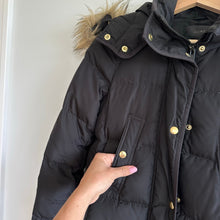 Load image into Gallery viewer, J. Crew Wintress Faux-Fur Hood Mid Length Outdoor Puffer Coat Black XS
