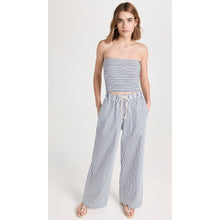 Load image into Gallery viewer, Donni Striped Pattern Strapless Cropped Top High Rise Wide Leg Pants Set Blue L