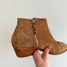 Load image into Gallery viewer, Thursday Suede Handcrafted Side Zip Heeled Ankle Bootie Brown 9.5
