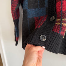 Load image into Gallery viewer, RD Style Plaid Pattern Crew Neck Knit Button Front Cardigan Black Blue M