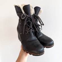 Load image into Gallery viewer, Sorel Joan of Arctic Wedge Shearling Waterproof Lace Up Snow Boots Black 9
