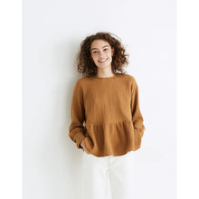 Load image into Gallery viewer, Madewell Lightspun Button-Back Long Sleeve Peplum Blouse Compass Gold M