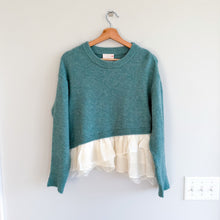 Load image into Gallery viewer, Cinq à Sept Ruffles Lace Hem Crew Neck Pullover Sweater Turquoise XS